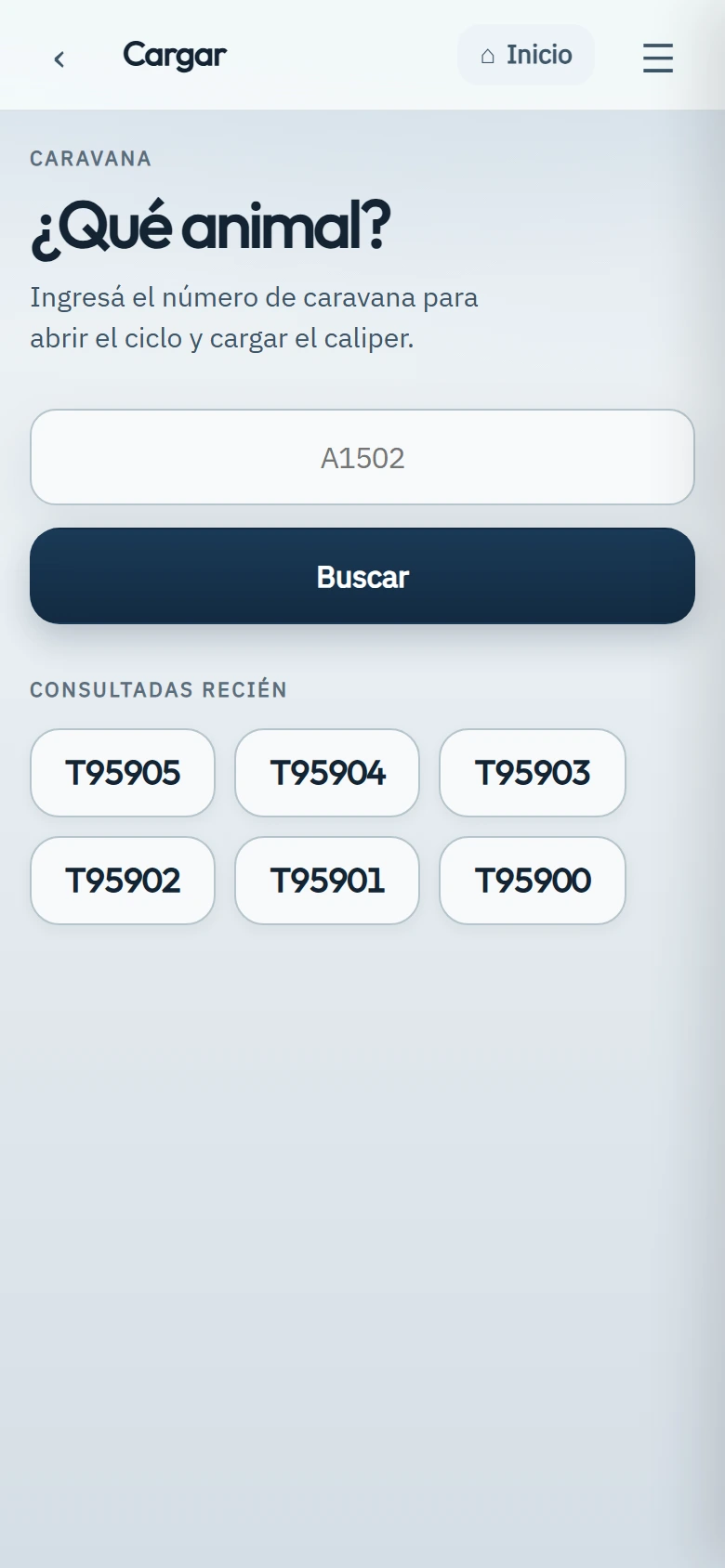 Pantalla de búsqueda de Tagra pidiendo el número de caravana, con las consultadas recientemente debajo.