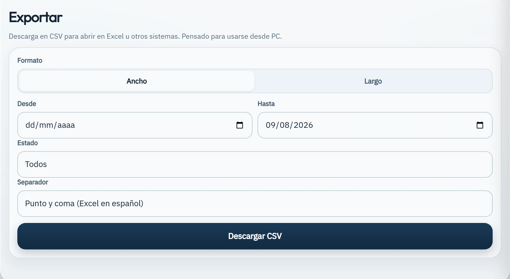 Pantalla de exportación: formato, rango de fechas, separador y el botón Descargar CSV.