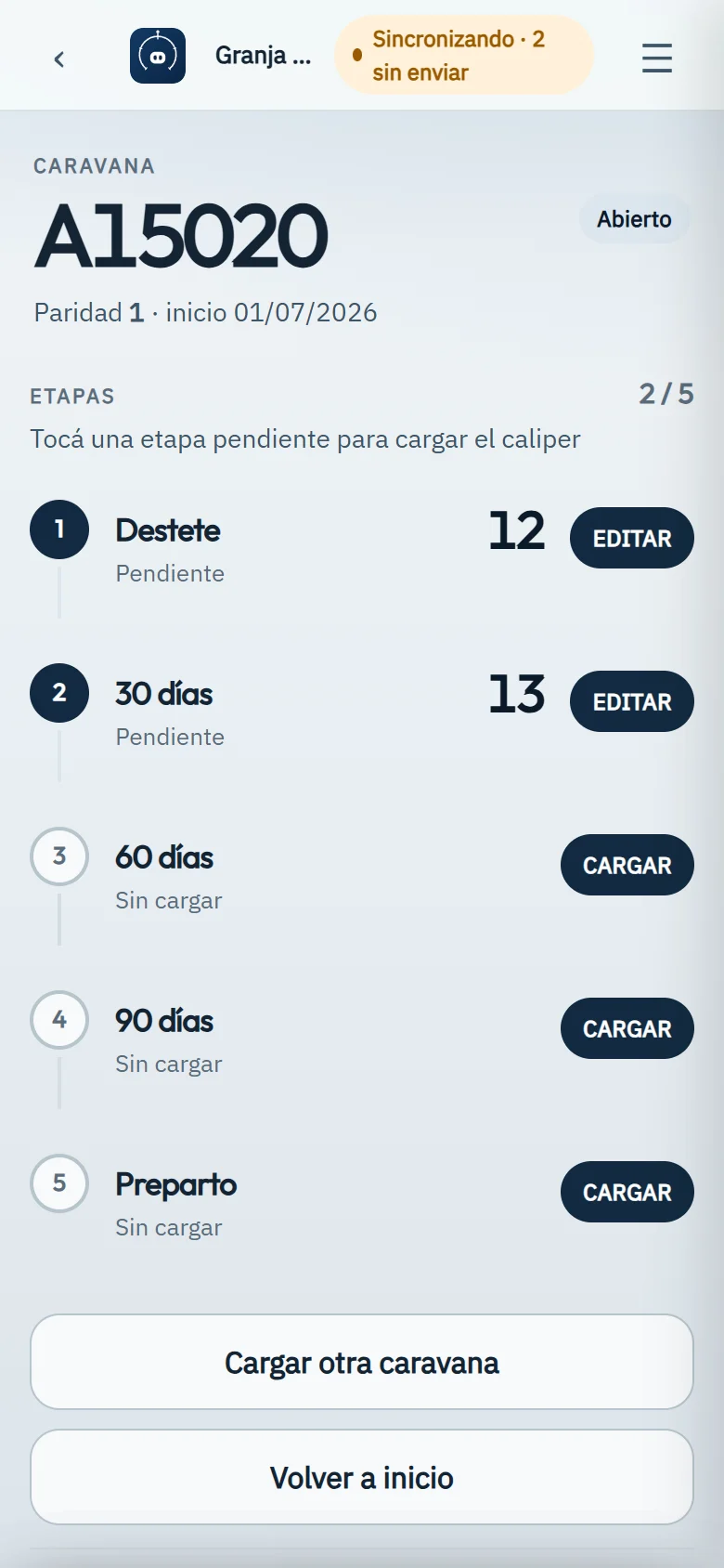 La misma app con señal de vuelta: el indicador dice «Sincronizando · 2 sin enviar» mientras se envía la cola.